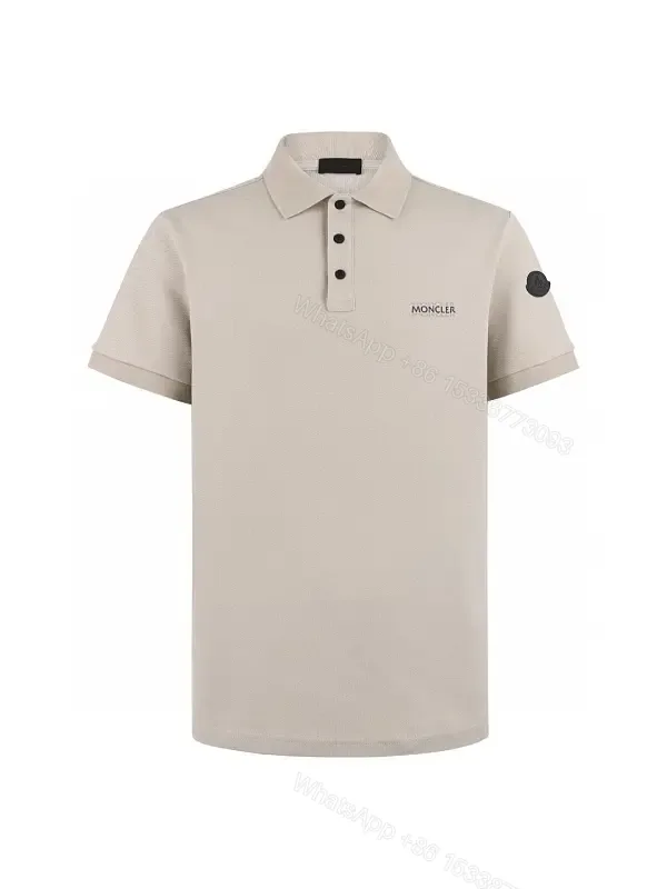 View 1 of Beige Polo Shirt Short-Sleeve Classic Collar Patch Logo Polo Hem