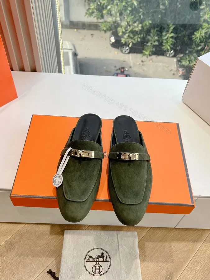 View 1 of Hermes Women Green Suede Mules