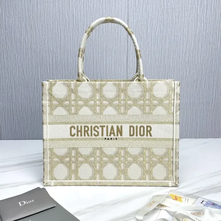 View 1 of Beige Structured Tote: Dior-Patterned Carryall with Signature Handles