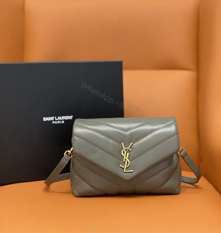 View 1 of Taupe Calfskin Crossbody: Chevron Quilted, Gold Logo, Lux Edit