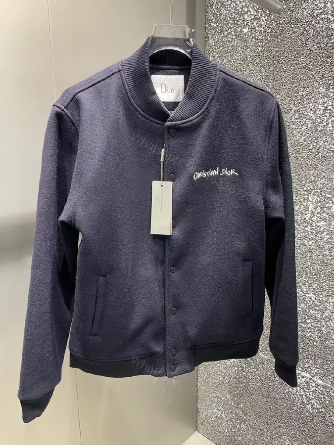 View 1 of Navy Wool-Blend Varsity Bomber with Discreet Embroidery