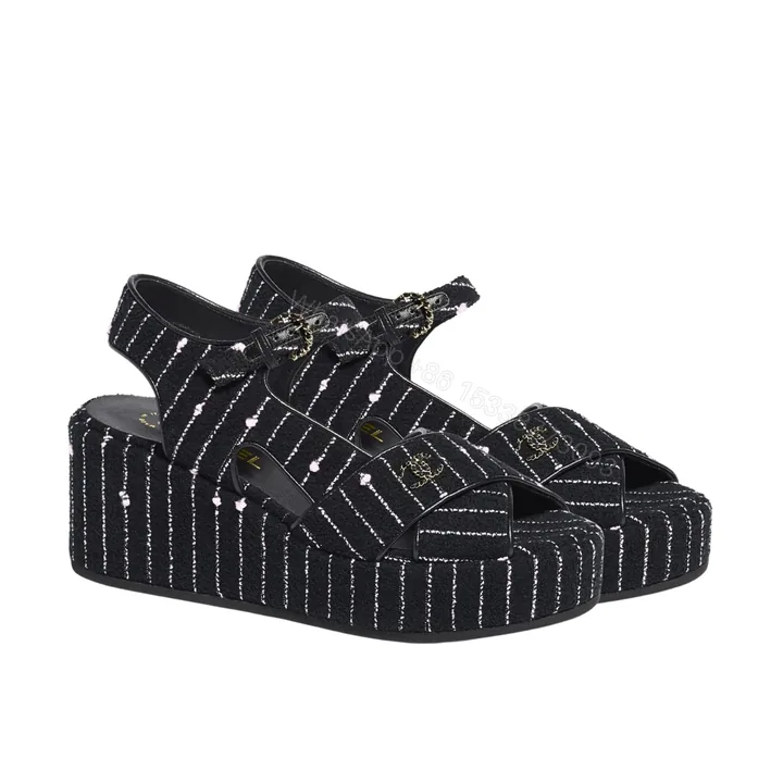 View 1 of CHANEL COTTON TWEED CC PLATFORM SANDALS BLACK WHITE