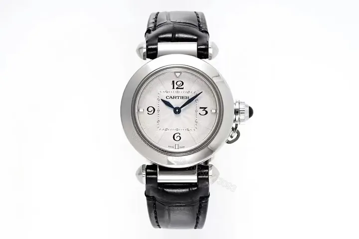 View 1 of Cartier Pasha de Cartier Women’s Watch – 30mm Silver Dial, Blue Hands, Black Leather Strap, Swiss Quartz Movement Cal.157