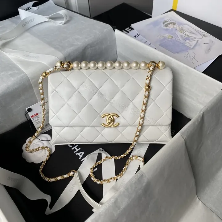 View 1 of Chanel-inspired Quilted Lambskin Flap Bag with Pearl Chain