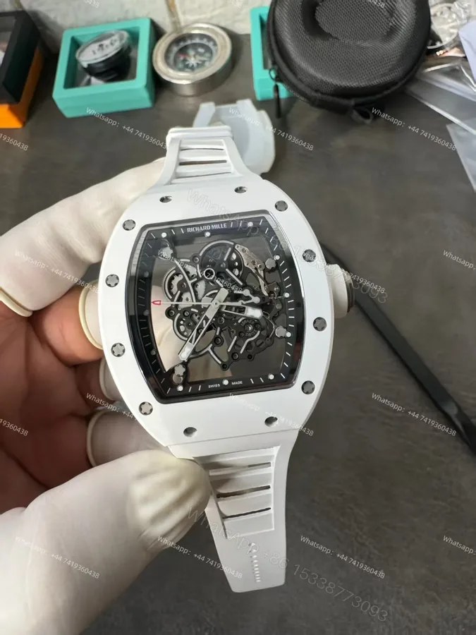 View 1 of Richard Mille RM 055 White Ceramic Skeleton Vaucher Free-Sprung Movement White Rubber Strap Custom Super Clone
