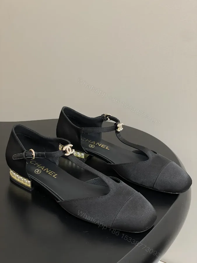 View 1 of Black Satin T-Strap Flats - Luxury-Inspired Comfort, Modern Elegance