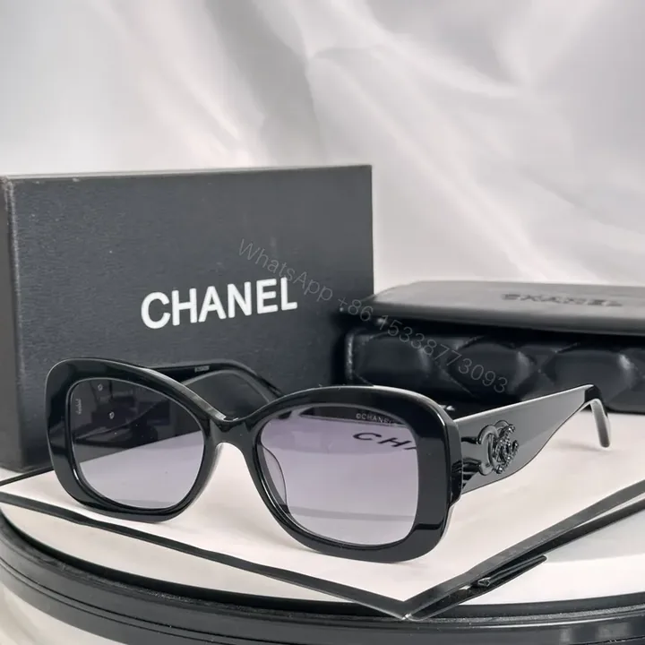 View 1 of Black Acetate Chanel-Style Oversized Sunglasses with Logo Detailing - Luxury Eyewear