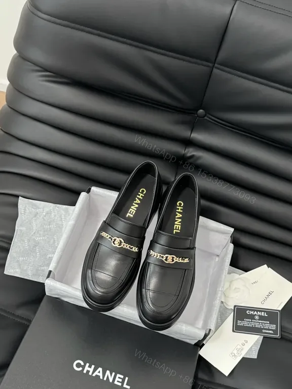 View 1 of Chanel-Inspired Leather Loafers with Gold Chain Detail