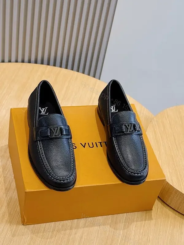 View 1 of Black Leather Loafers Louis-like Logo Comfort Slip-ons