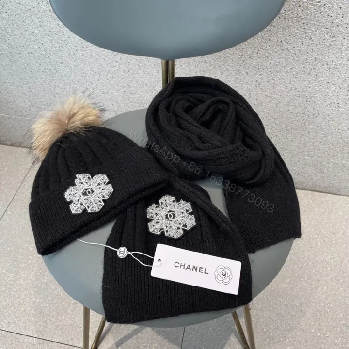 View 1 of Black Knit Set: Embellished Snowflake Beanie + Scarf Duo