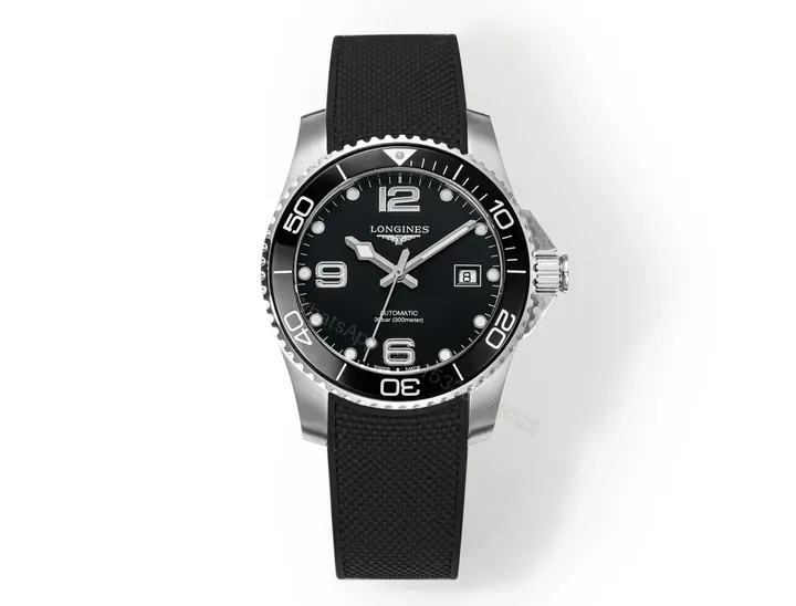 View 1 of Longines Conquest Black Dial Automatic Watch with Stainless Steel Case and Black Rubber Strap