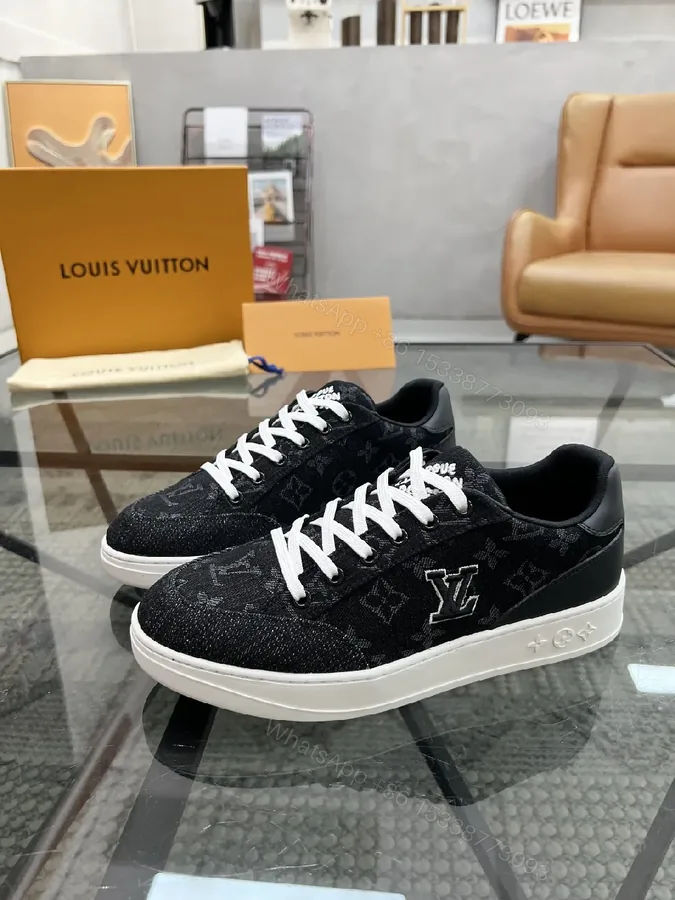 View 1 of Denim-Texture Sneakers with LV-Inspired Embroidery, All-Day Comfort