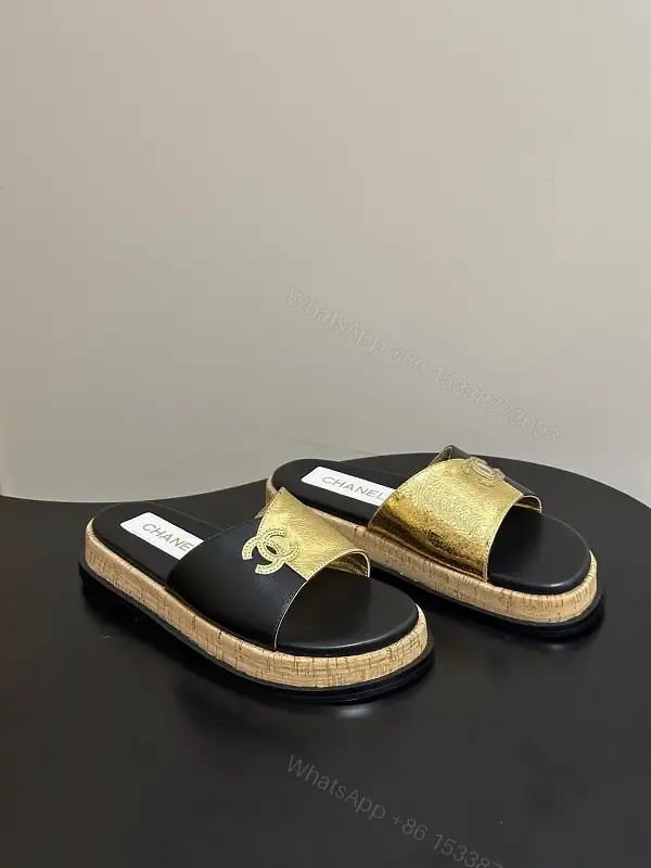 View 1 of Black Leather Luxury Chanel Logo Slide Sandals