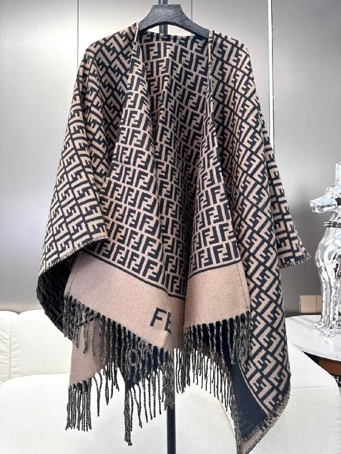 View 1 of Two-Tone Knit Wrap Poncho: Open-Front Fringe, Cozy Luxury