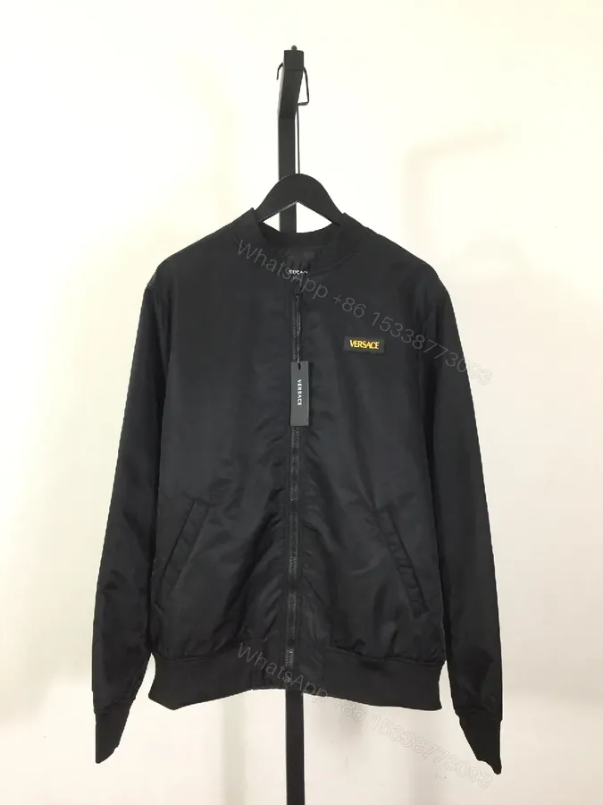View 1 of Black Bomber Jacket - Versace Patch, Minimalist Edge, Windproof Outerwear