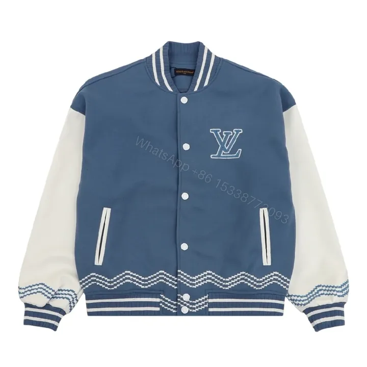 View 1 of Blue & Ivory Varsity Jacket – Textured Color Blocking, Brushed KnitComfort