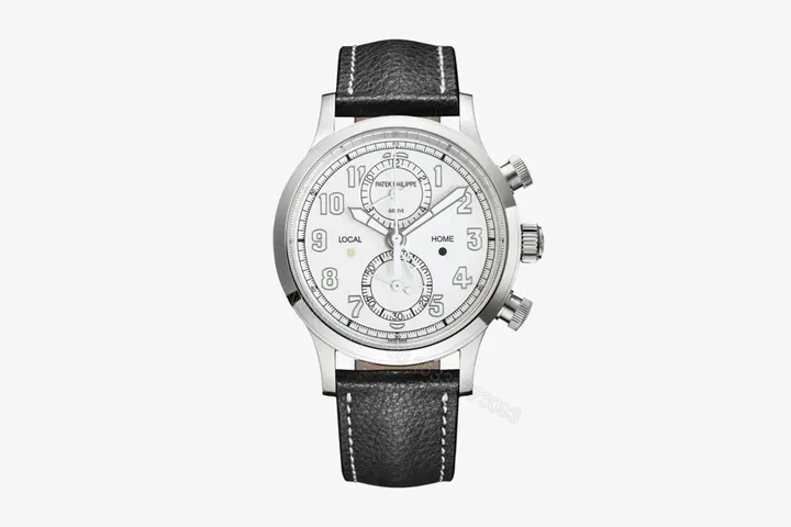 View 1 of Patek Philippe 5924G White Dial Multi Function Chronograph Watch with Black Italian Leather Strap