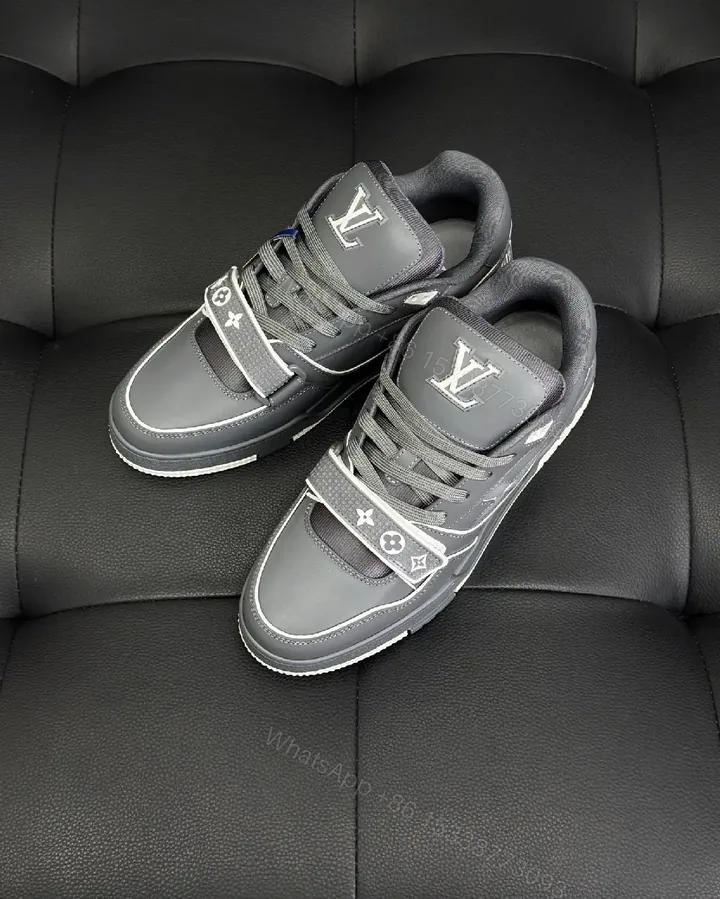 View 1 of Grey Leather Structured Sneakers with Velcro Detail