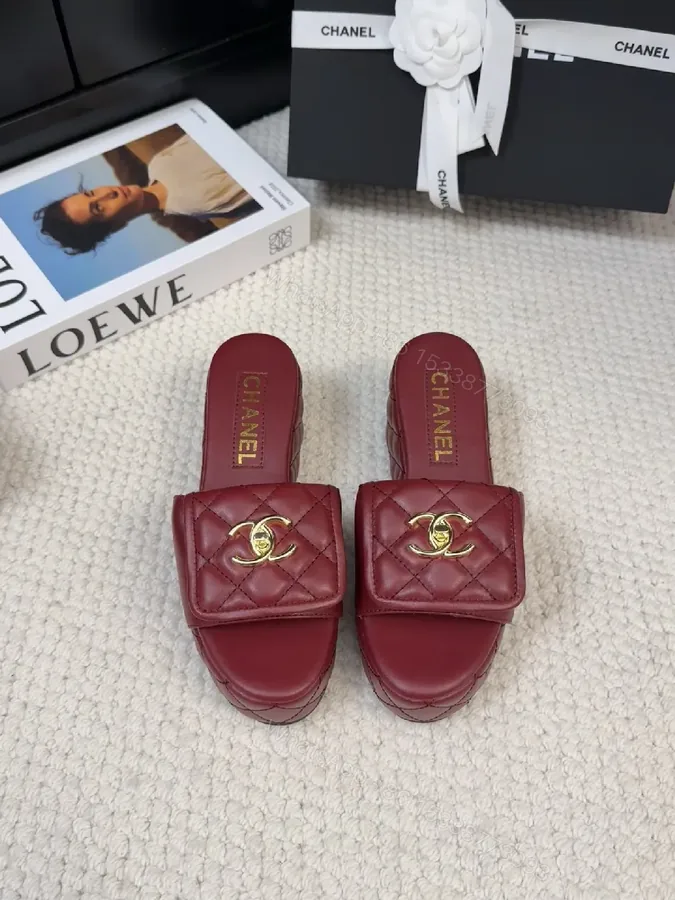 View 1 of Burgundy Quilted Slides with Gold Hardware, Luxury Comfort