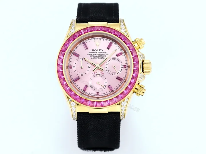 View 1 of Rolex Daytona Pink Ruby Black Strap Replica 43MM Exclusive Gold Case Edition RG-ROLEX-DAYTONA-PINK-RUBY-BLACK-43