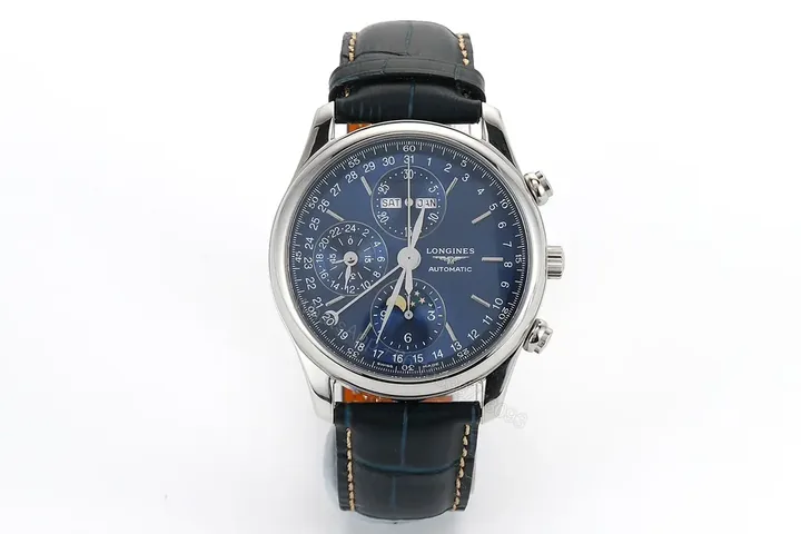 View 1 of Longines Master Collection Moonphase Blue Dial Automatic Watch with Leather Strap
