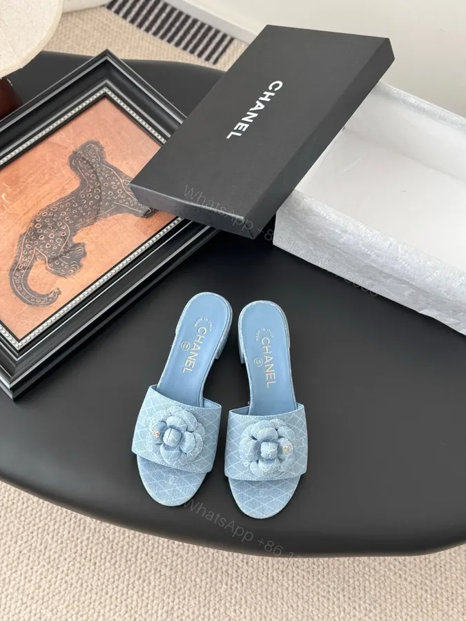 View 1 of Chanel Women Light Blue Fabric Floral Slide Sandals