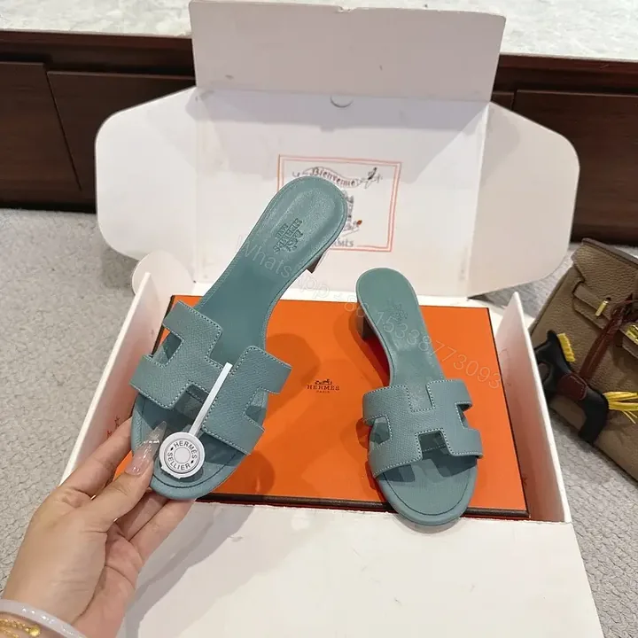 View 1 of Blue Leather Hermes-Style Sandals with Iconic H Strap