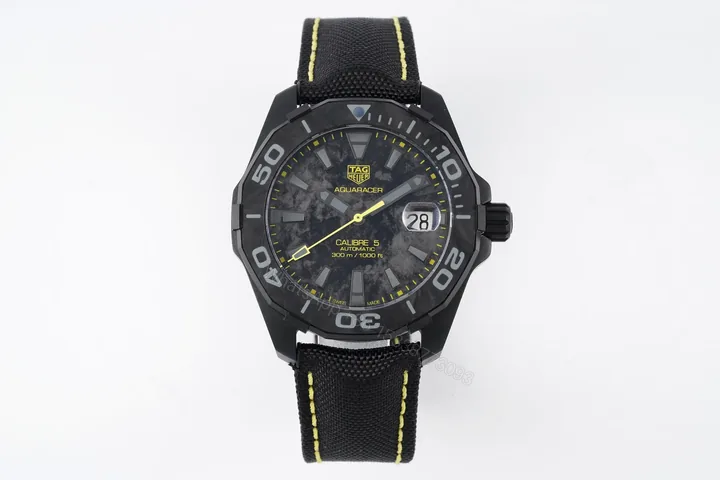 View 1 of V6 Factory TAG Heuer Aquaracer Black Dial Yellow Stitching Fabric Strap Watch – Super Night Glow, 100m Water Resistant, SW200 Movement