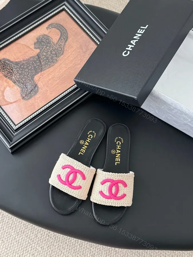 View 1 of Chanel Women Black Leather And Beige Fabric Slides