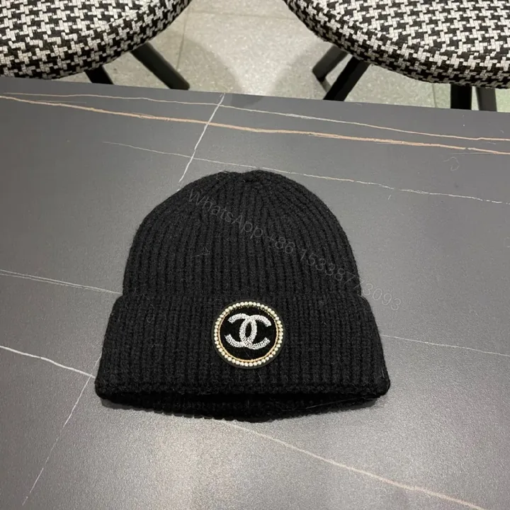 View 1 of Black Knit Beanie with Luxe Badge, Everyday Luxury, One-Size, Casual Style