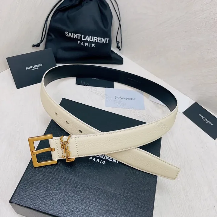 View 1 of Crisp White Leather Belt with Gold Hardware â€” Saint Laurent Style