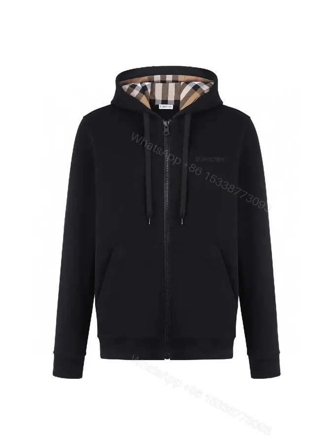 View 1 of Black Cotton Zip Hoodie with Burberry-Check Interior