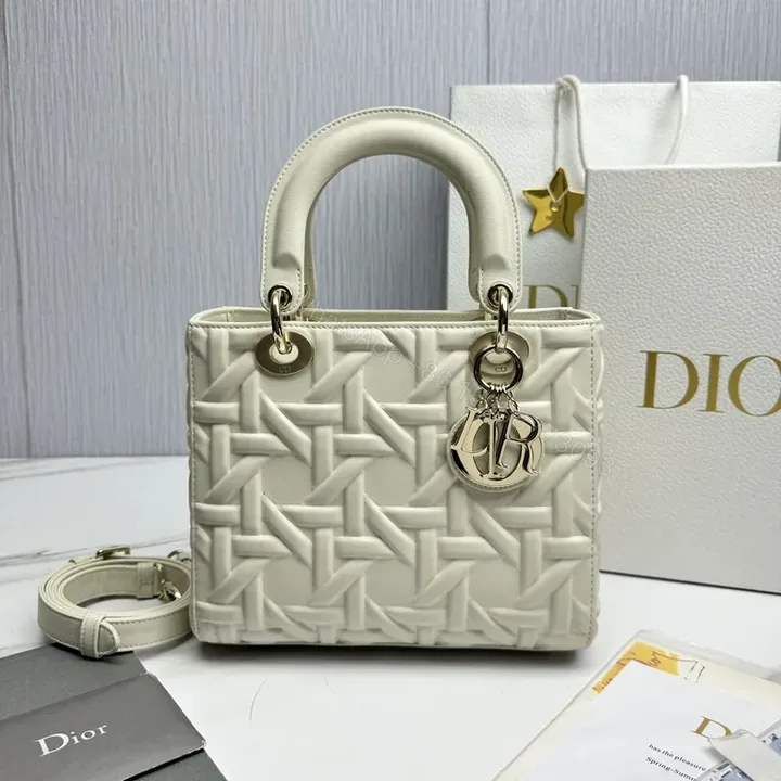 View 1 of White Leather Structured Tote: Dior-Embossed, Compact Luxury Tote