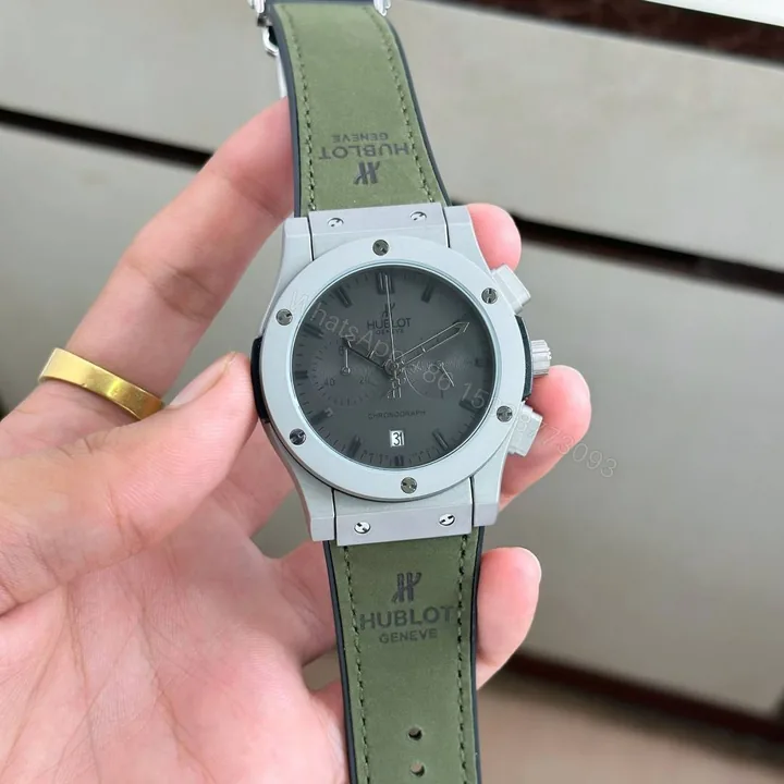 View 1 of First Copy Hublot Big Bang Chronograph Automatic Watch With Grey Dial And Olive Green Leather Strap