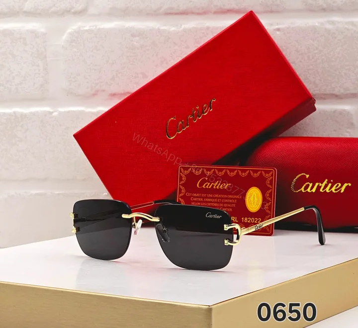 View 1 of Cartier 0650 Rectangular Rimless Sunglasses Black & Gold