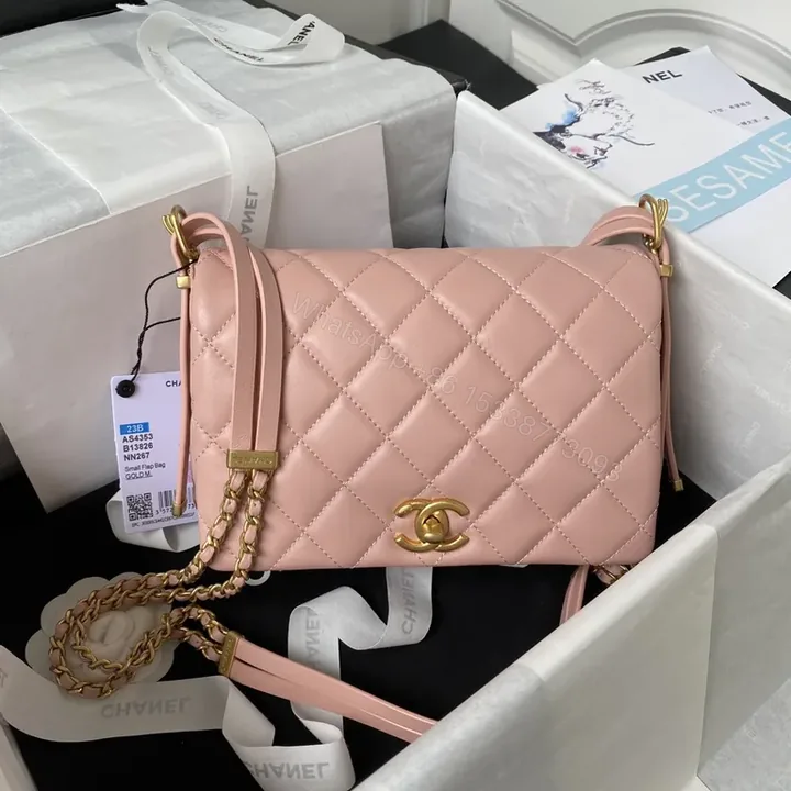 View 1 of Soft Pink Quilted Leather Shoulder Bag with Gold Hardware - Lux Collection