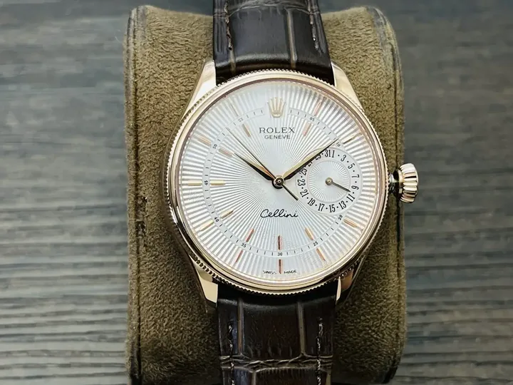 View 1 of Rolex Cellini Date 50515 39mm Everose Silver Alligator Strap Watch 50515-0009