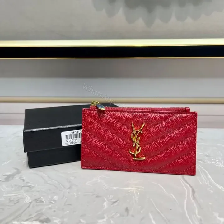 View 1 of Compact Red Quilted Wallet with Gold YSL Logo