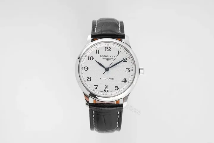 View 1 of Longines Silver Dial Blue Hands Automatic Watch with Black Leather Strap