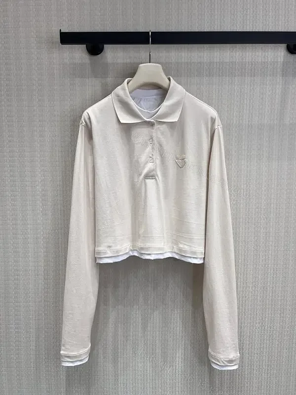 View 1 of Off-White/Cream Knit Cropped Polo Shirt with Ribbed Trim and Logo