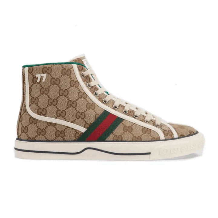 View 1 of GUCCI TENNIS 1977 HIGH-TOP SNEAKERS IN BEIGE AND EBONY GG CANVAS – GC100