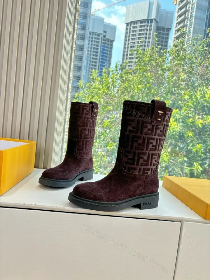 View 1 of Dark Velvet-Texture Boots with Monogram Detail: Suede, Mid-Calf, All-Season Luxe Shoes