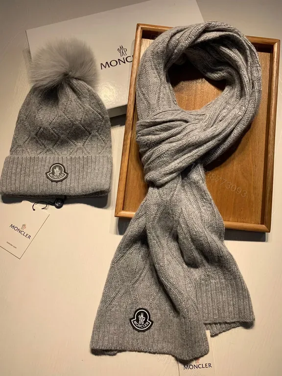 View 1 of Cozy Knit Setâ€”Moncler Patch, Gray, Luxury Warmth Scarf & Beanie