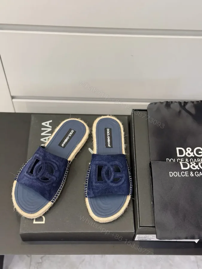 View 1 of Navy Suede Espadrille Sandals - Luxe Couture Motif Slip-On