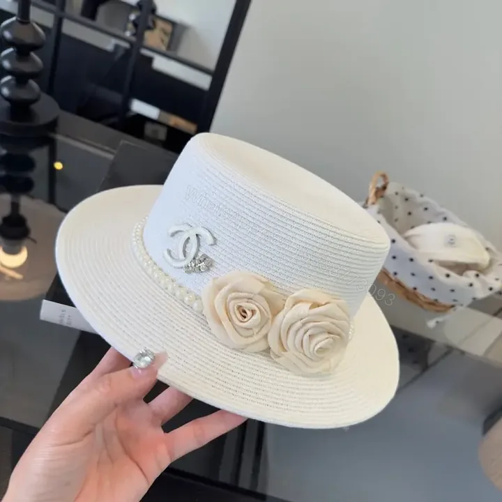 View 1 of White Straw Hat, Elegant Chic Fedora, Pearl Band, Roses, Chanel Charm, Wide-Brimmed Hat