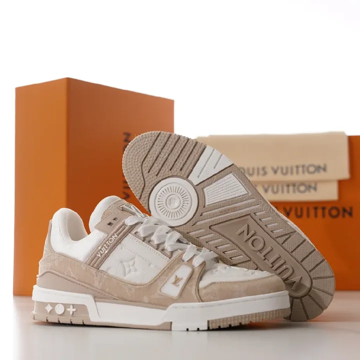 View 1 of Neutral-Tone Suede Leather Sneakers with Subtle LV-Inspired Detailing