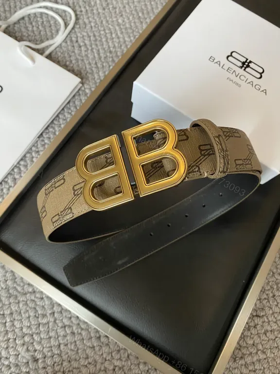 View 1 of Taupe Calfskin Monogram Belt â€” Gold Buckle, Designer-Inspired Luxury