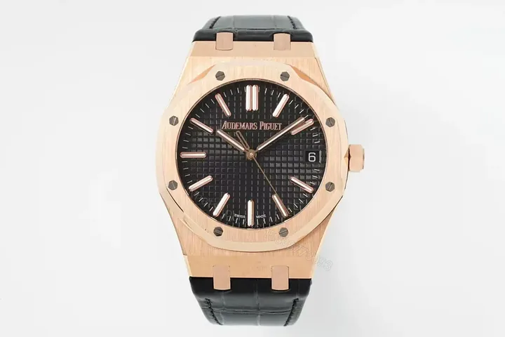 View 1 of Audemars Piguet Royal Oak 15510 Watch 41MM Rose Gold Case Black Dial Black Leather Strap Ultimate Edition AP-RO-15510-RG-BLK-LTH-41