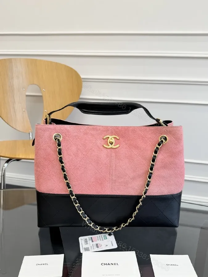 View 1 of Pink Black Quilted Tote with Chain - Modern Luxury Bag