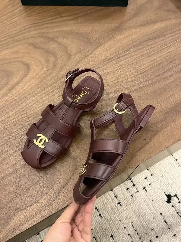 View 1 of Burgundy Leather Gladiator Sandals Gold Logo Chanel Style Sandals